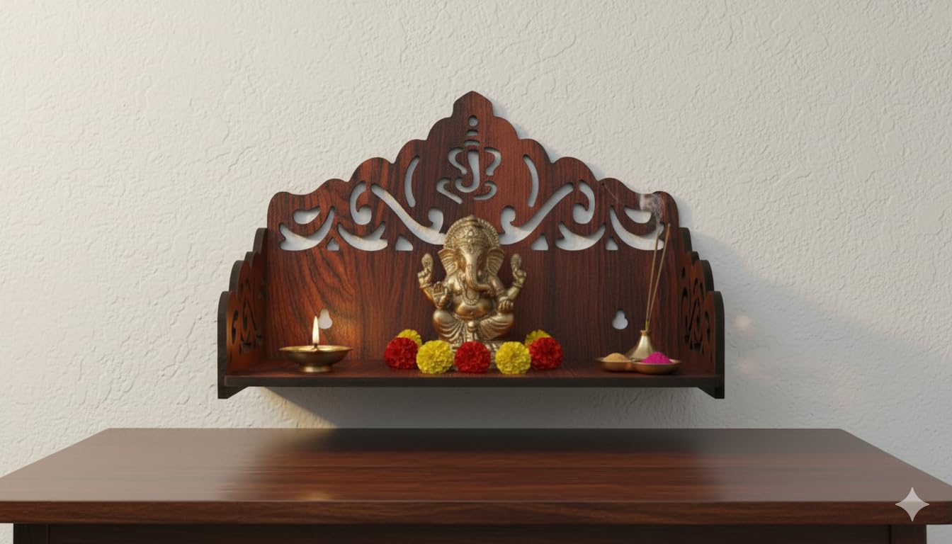 BerryBox Wood Hand Crafted Om Pattern Home Temple for Pooja Temple for Home and Office l Puja Mandir l Wooden Mandir l Compact Pooja Ghar Stand for Prayer Room, Living Room Decor (Design 3)