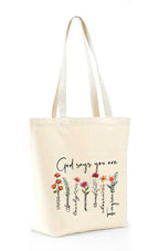 Heu “God Says You Are” Printed Canvas Tote Bag | Inspirational Christian Quote Cotton Shoulder Bag | Eco-Friendly Reusable Tote for Women