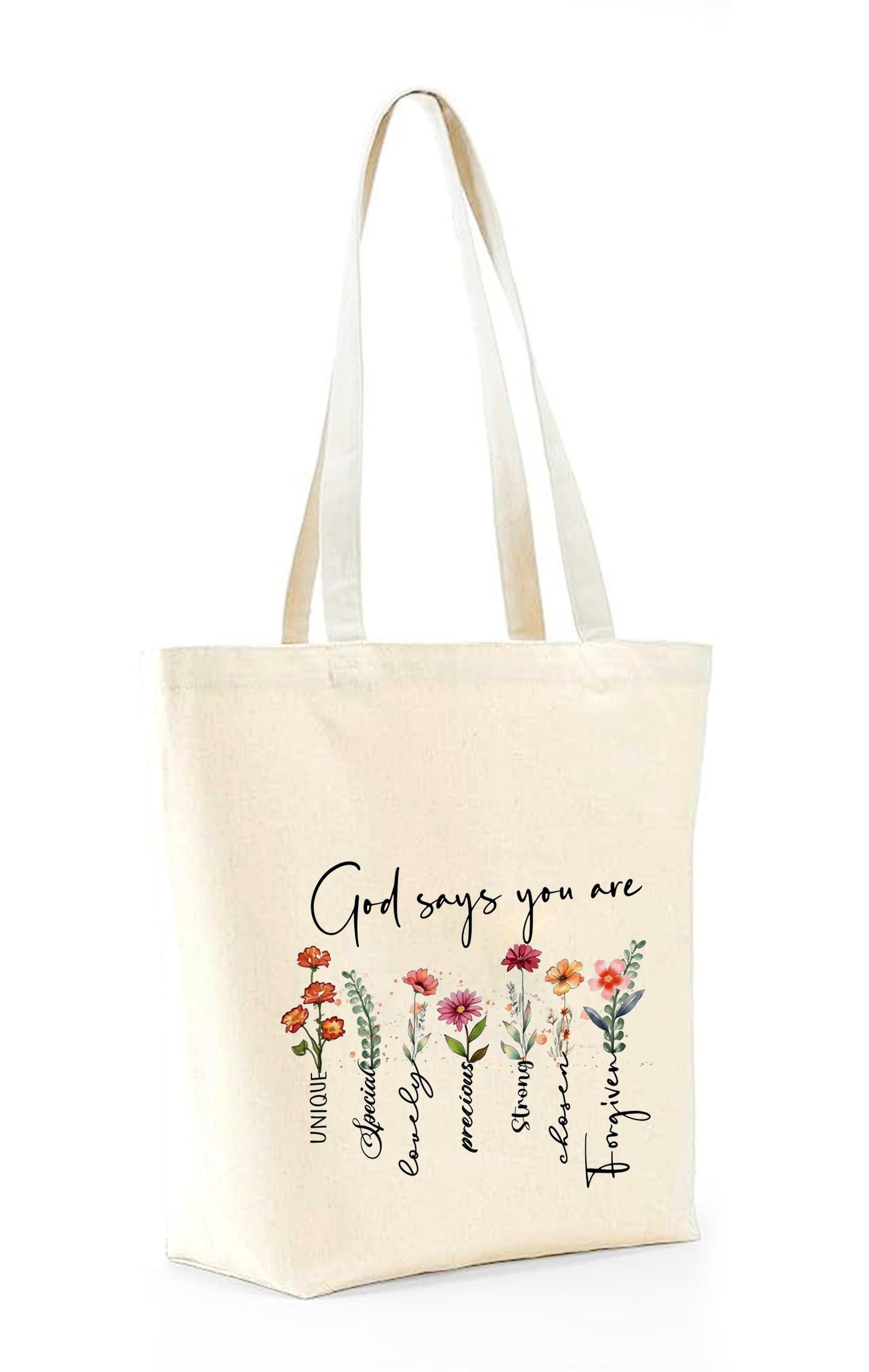 Heu “God Says You Are” Printed Canvas Tote Bag | Inspirational Christian Quote Cotton Shoulder Bag | Eco-Friendly Reusable Tote for Women