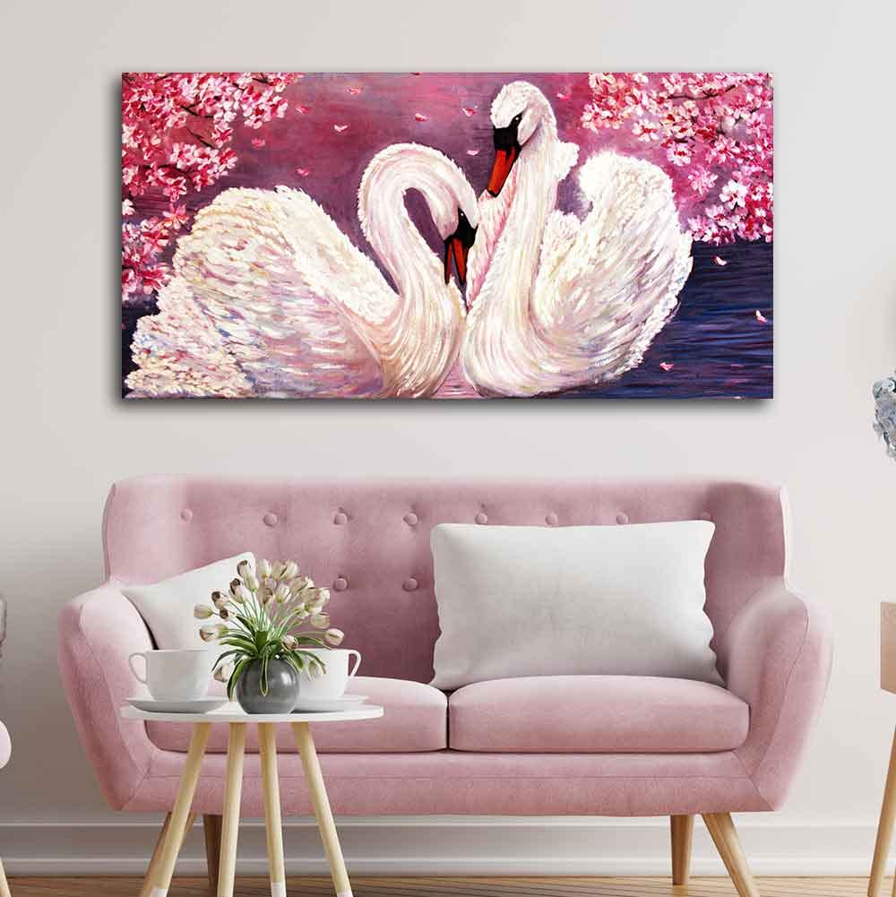 VIBECRAFTS Canvas Paintings for Living Room Drawing Room Romantic Couple of Swans Canvas Wall Painting Fitted with Wooden Frame for Home|Office|Gift(PTVCH_2269N)(48 x 24 Inches)