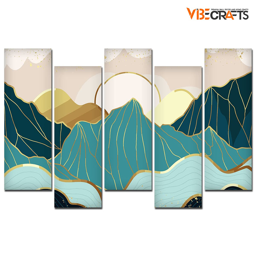 VIBECRAFTS Abstract Mountains with Sunrise Background 5 Pieces Canvas Wall Painting For Home|Office|Living Room|Gift (PTVC5Pcs3_7501)