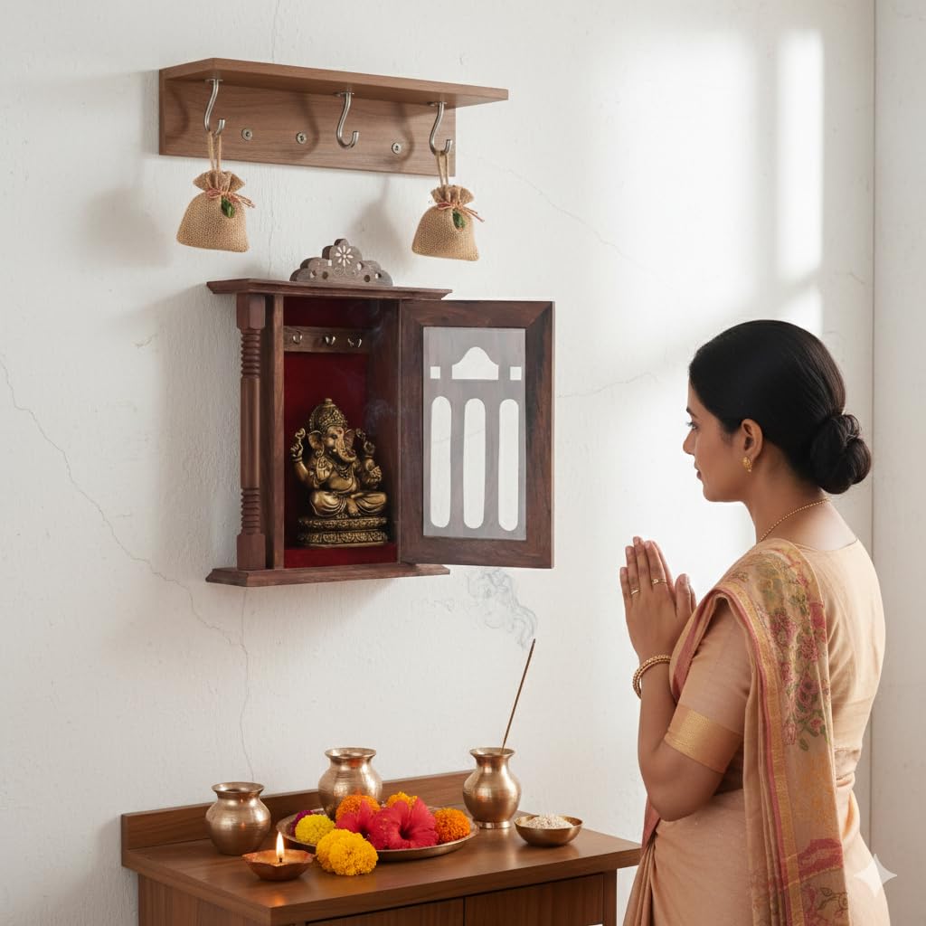 Handcrafted Wooden Wall Mounted Temple with Brass Inlay, Traditional Indian Pooja Mandir, Brown Sheesham Wood, Religious Home Decor Shrine