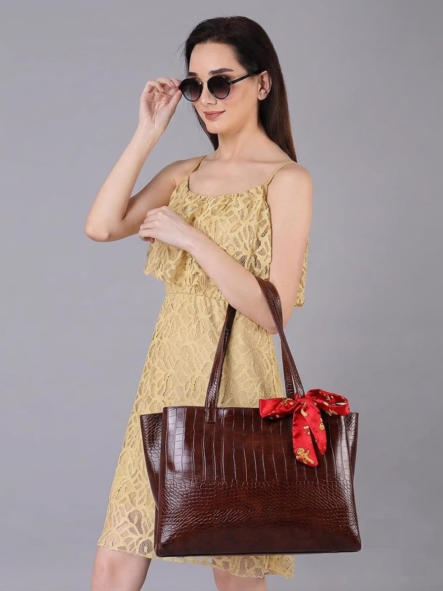 DANIEL CLARK Large Crocodile Texture Tote Bag |PU Leather Shoulder Handbag for Office, Shopping & Travel Handbag with ribbon scarf for Women & Girls