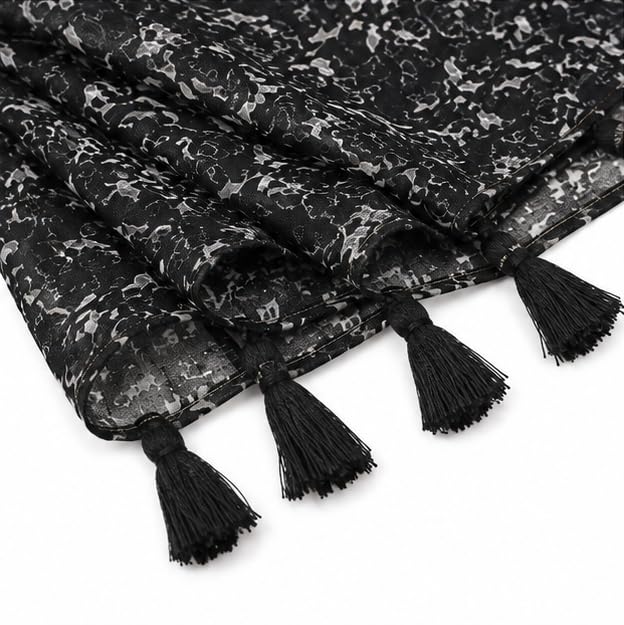 Women's Black Chiffon Scarf with Tassel Ends, Abstract Print