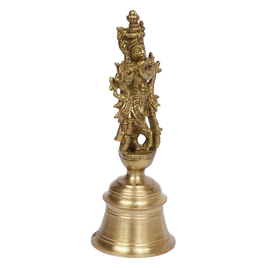ARTVARKO Brass Krishna Playing Flute Hand Held Bell Ghanti for Gods Puja Home Office Temple Pooja Gift Spiritual Gifts 5.5 Inch
