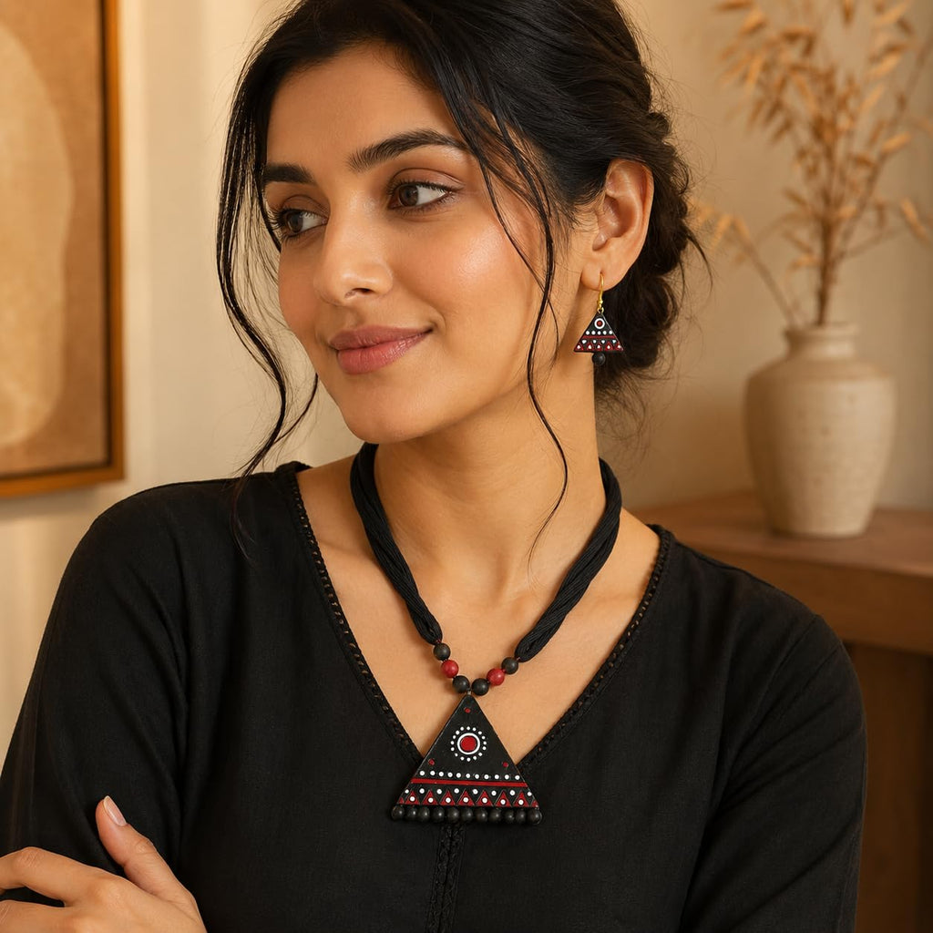 Handmade Terracotta Triangle Necklace Set with Earrings | Black Red White Handpainted Ethnic Jewellery Set for Women | Tribal Boho Necklace for Saree, Kurti, Gifting