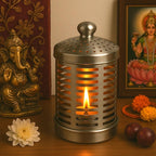 SHRUSTI 5.5 Inch Stainless Steel Candle Lantern with Ventilated Lid | Decorative Metal Tealight Holder with Flame Guard | Tabletop Diya Cover for Home Decor, Pooja, Balcony & Indoor Outdoor Use