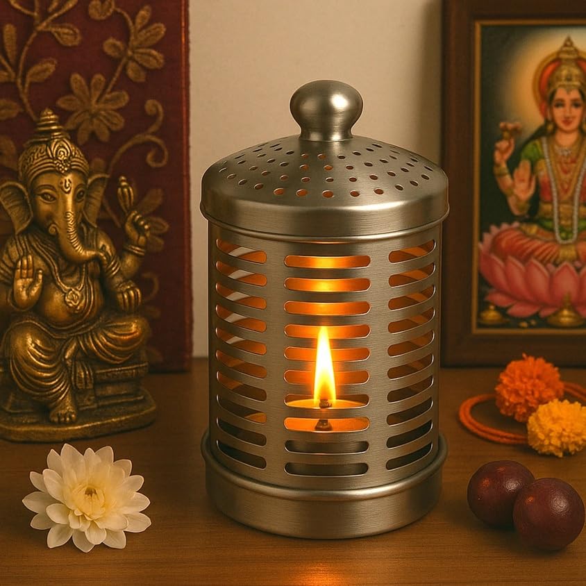 SHRUSTI 5.5 Inch Stainless Steel Candle Lantern with Ventilated Lid | Decorative Metal Tealight Holder with Flame Guard | Tabletop Diya Cover for Home Decor, Pooja, Balcony & Indoor Outdoor Use