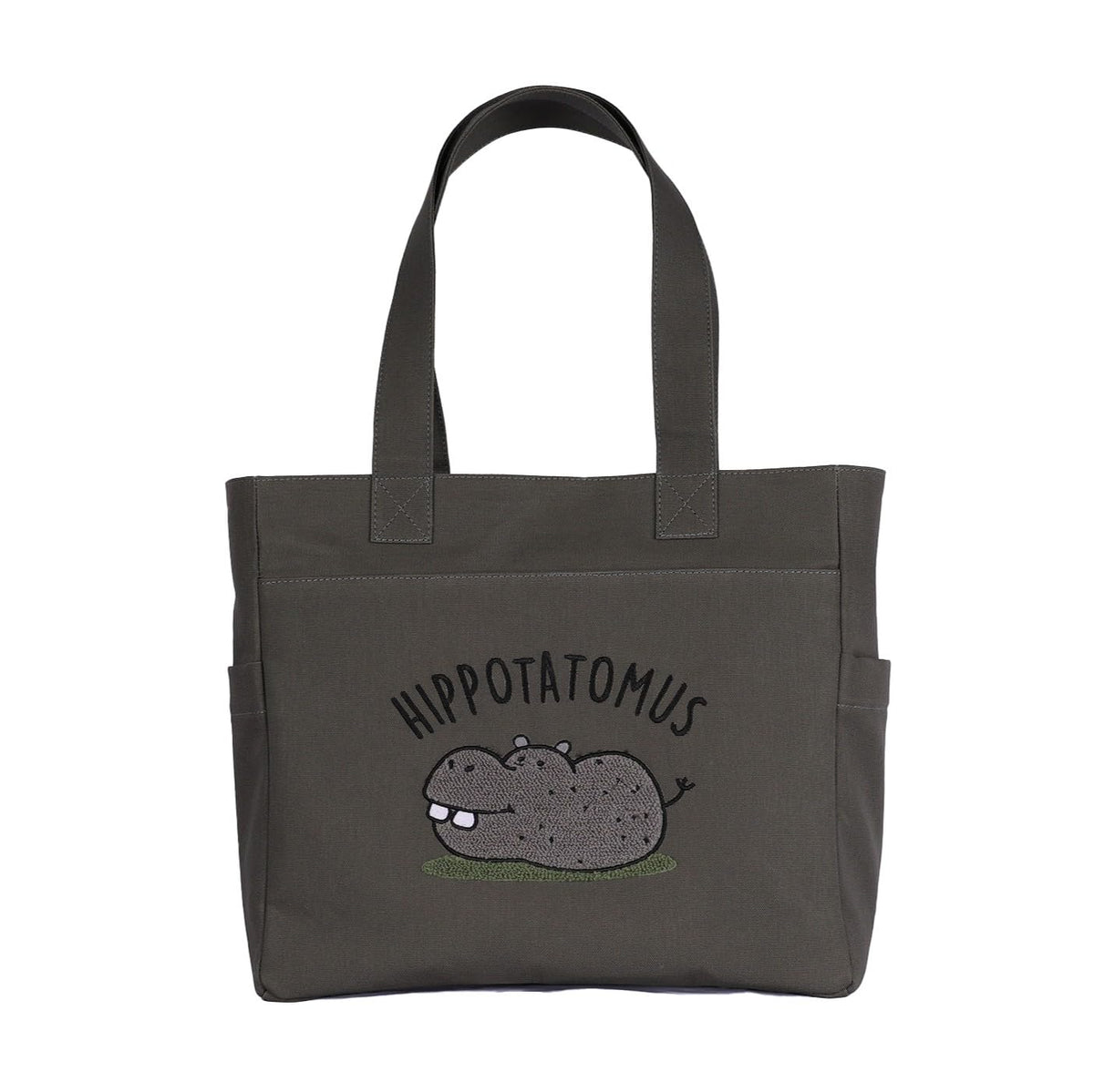 TSANTA U Shaped Canvas Tote Bag, 35.56x33.02 cm with 10.8 cm Gusset, Cotton, Zipper Closure, Laptop Compartment (Hippo)