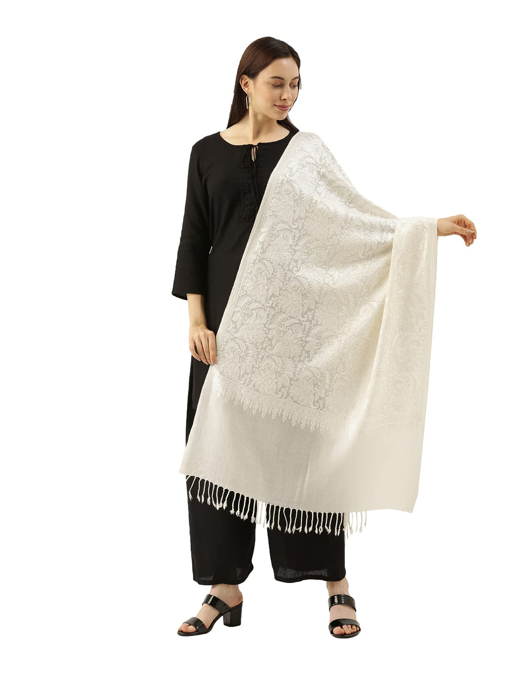 Pashmoda Women’s 100% Pure Wool Aari Embroidered Stole, Shawl and Wrap, Woolmark Certified, Sustainable and Natural Fabric (Size 28x80) (White)