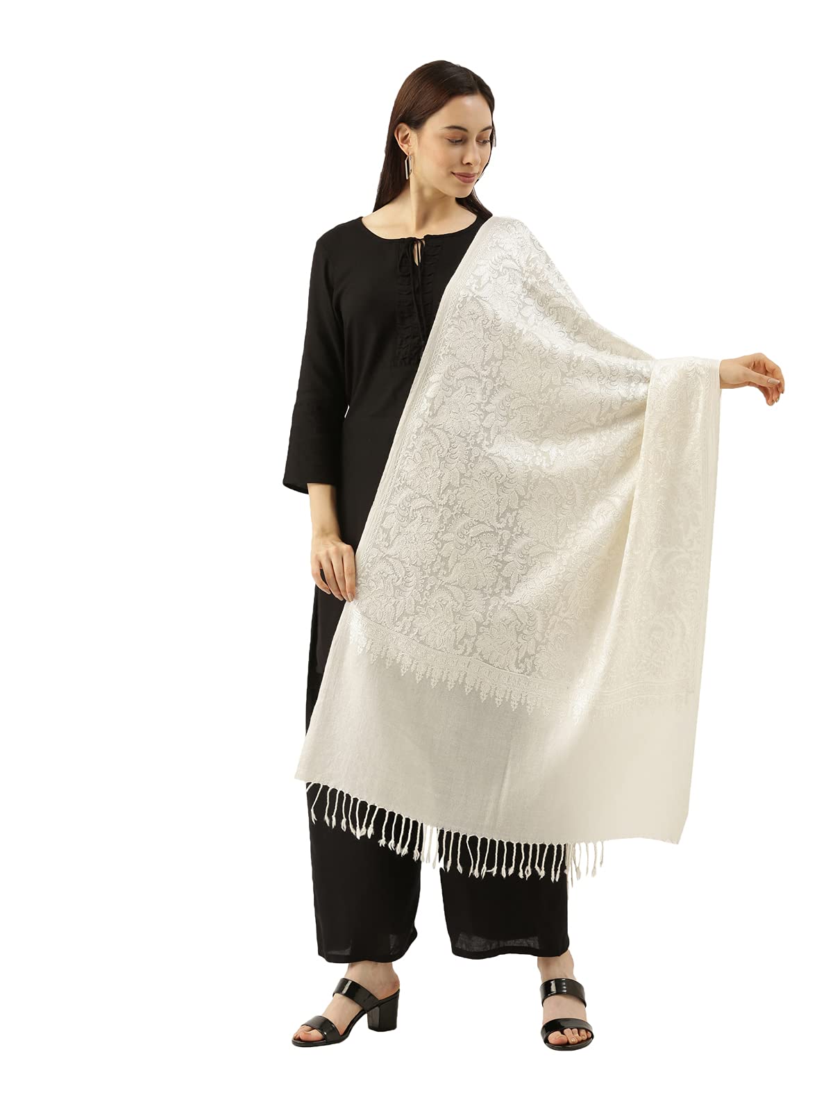 Pashmoda Women’s 100% Pure Wool Aari Embroidered Stole, Shawl and Wrap, Woolmark Certified, Sustainable and Natural Fabric (Size 28x80) (White)