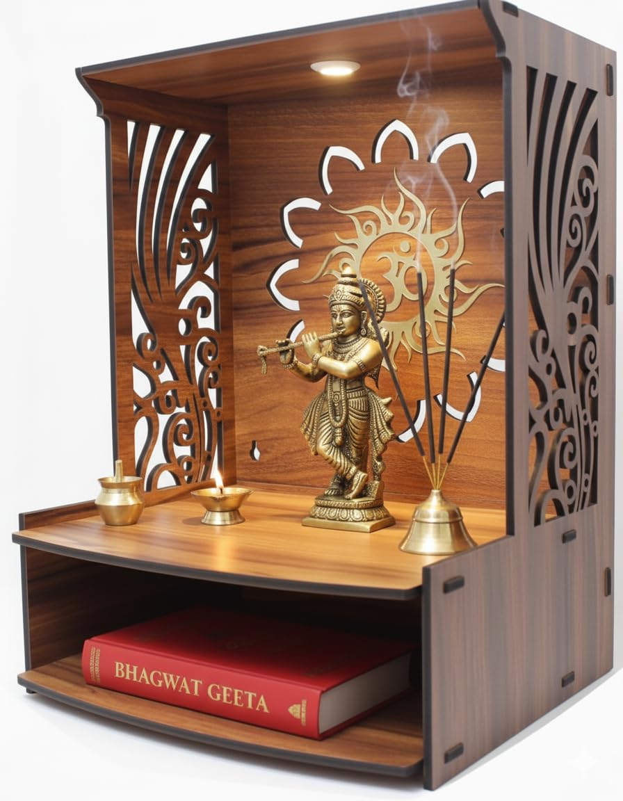 Royal Walnut Finish Wooden Pooja Mandir | Wall Mounted Home Temple with LED Lights & Spacious Storage | Premium Handcrafted Puja Unit (37.5 * 29 * 25 CM) (Large) A2