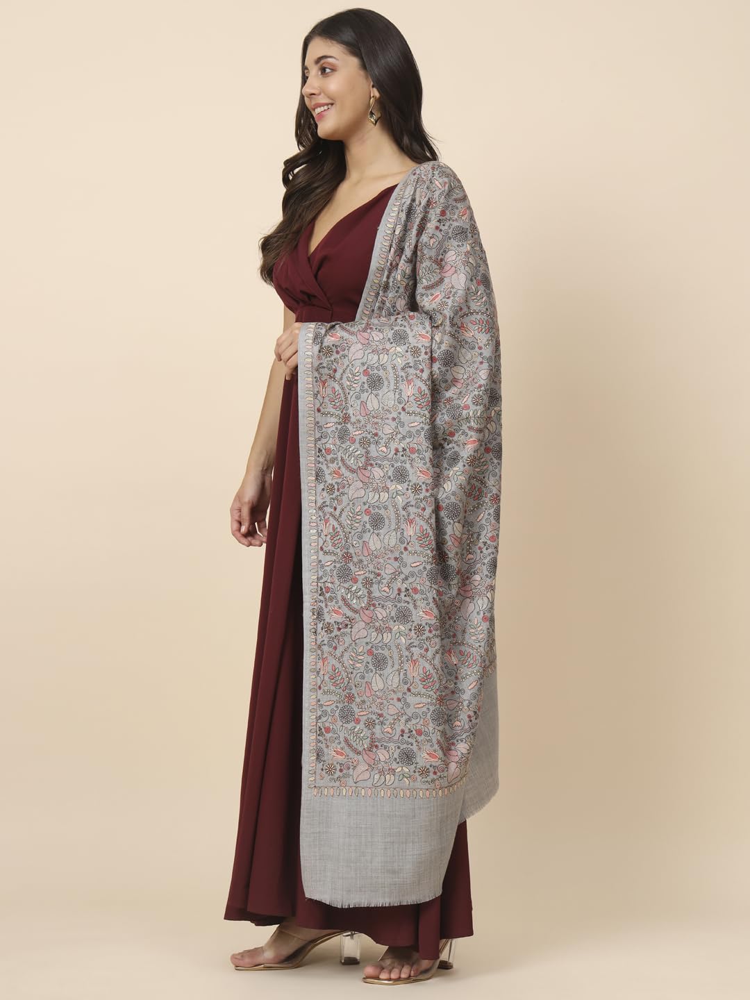 Pashmoda Women Gilkaari Pure Wool Embroidered Shawl (Size 101X203 CM)