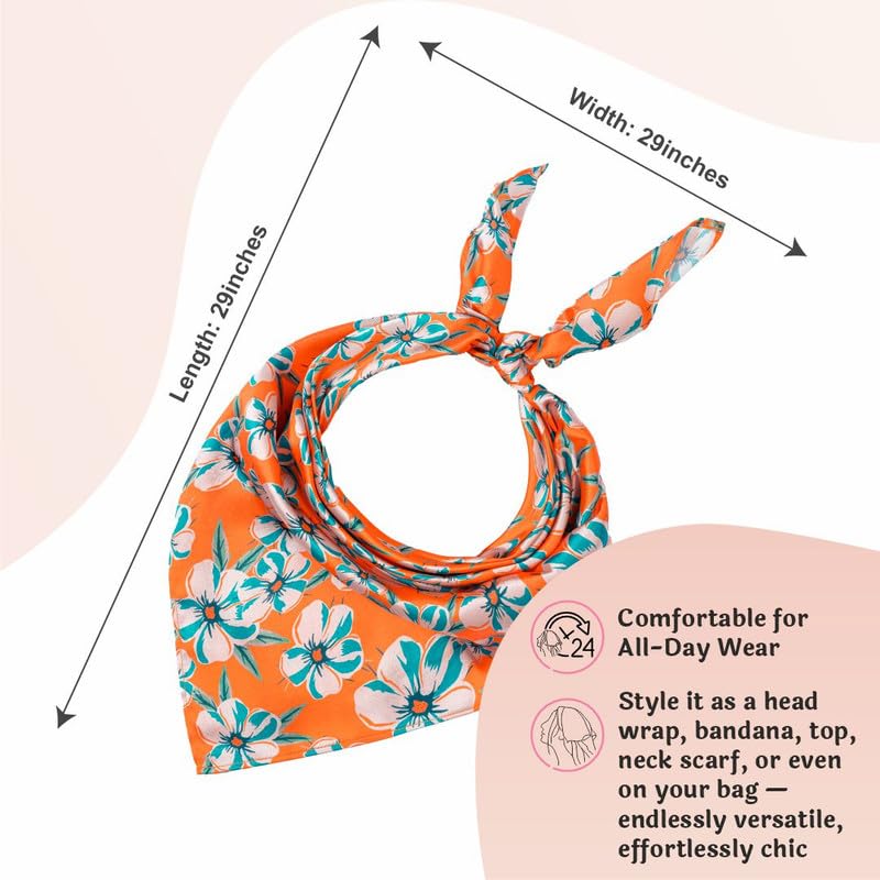 Hair Drama Co. Floral Blossom Print Bandana Head Scarf for Women | Silk Satin Head Wrap Bandana Scarves | Boho Style Statement Headband Stylish Design | All Day Wear Scarves | Hair Scarf Accessories
