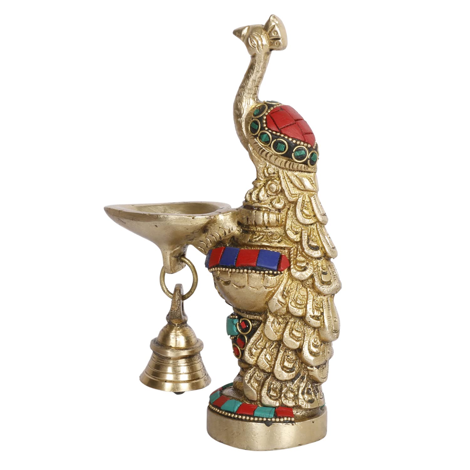 Artvarko Peacock Diya with Bell Brass Multicolor Stone Handwork Table Décor for Home Diwali Gift Temple Pooja Gold Color Height 6.5 Inch