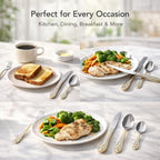 ANH MART Mirror Finish Silver Gold Plated Stainless Steel Flatware Set Copper Silverware Set Rose Gold Spoon Color Cutlery Set [Dinner Fork-Tea Spoon-Salad Spoon-Knife] Set of (Silver Gold, 20)
