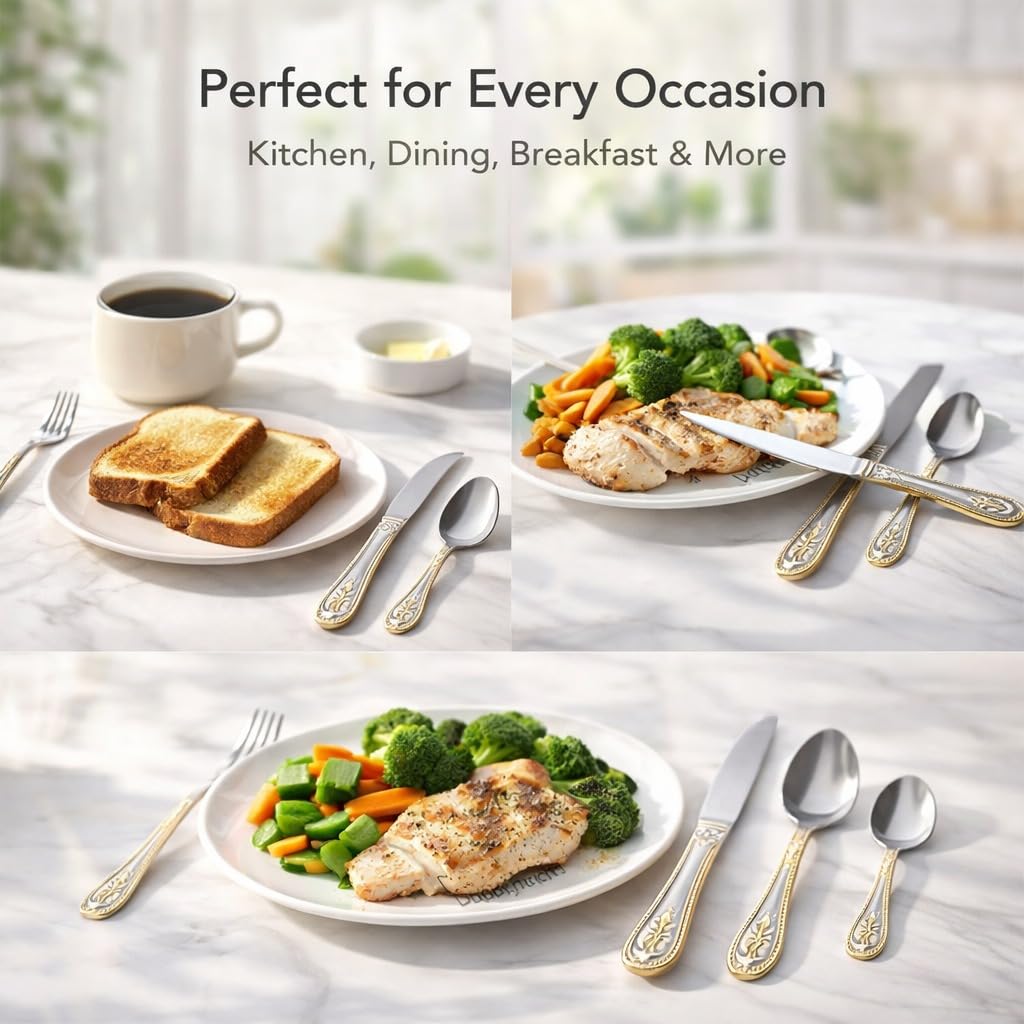 ANH MART Mirror Finish Silver Gold Plated Stainless Steel Flatware Set Copper Silverware Set Rose Gold Spoon Color Cutlery Set [Dinner Fork-Tea Spoon-Salad Spoon-Knife] Set of (Silver Gold, 36)