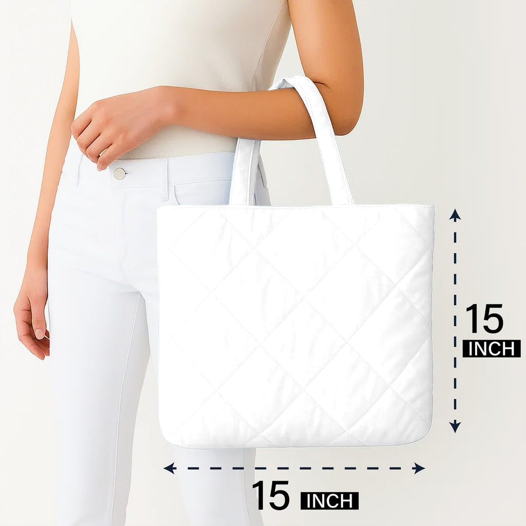 mahaveer cotton Quilted Waterproof Tote Bag | 15x15 Inch Large Shopping & Grocery Tote | Open-Top Classic Carry Bag for Daily Use | Multi-Purpose Reusable Handbag for Women, White
