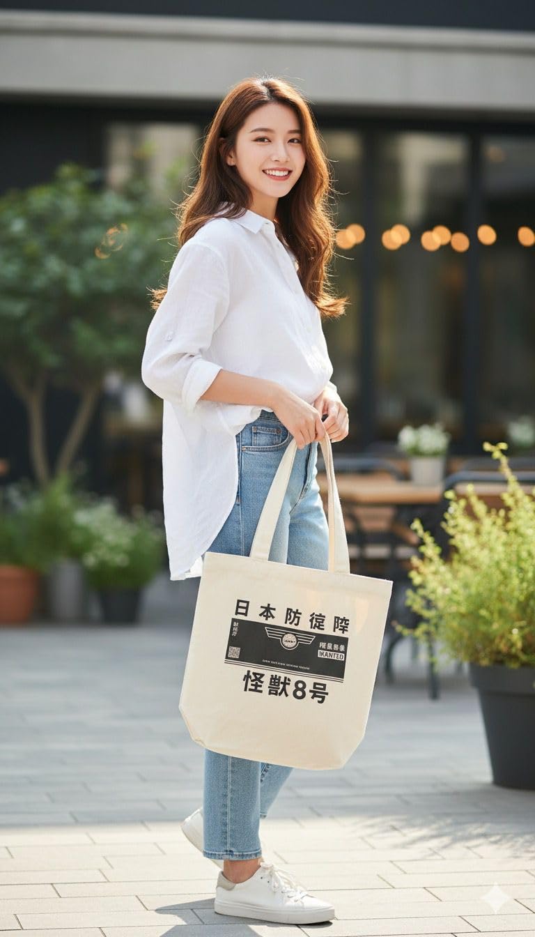 LidLoom Cotton Canvas Tote Bag for Women & Men | Black Kaiju No. 8 Design Sticker | Eco-Friendly, Washable, Lightweight Shoulder Bag for Shopping, Office & Travel