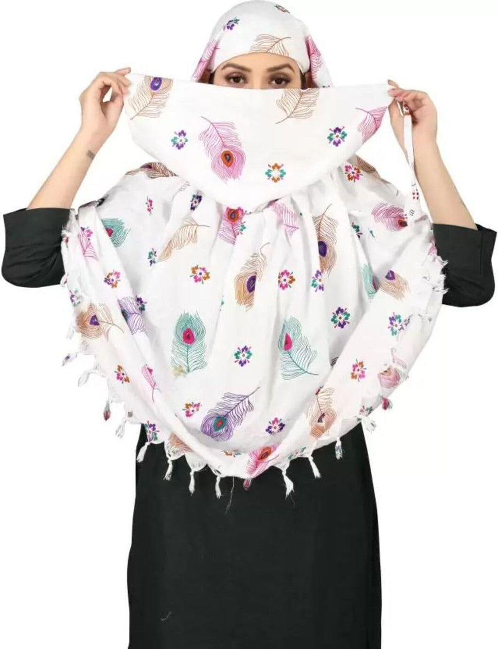 Vinsh Enterprise Cotton Long Scarf Cum Mask Scarves Usable for Vehicle Driver | White Printed Design | Universal Size | For Girl & Women | Soft & Breathable Sun Protection (Feather)