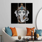 VIBECRAFTS 3 Pieces Beautiful Ganesha Head Canvas Wall Painting Fitted With Wooden Frame For Home | Office | Living Room | Gifts (PTVC3Pcs1_9581)