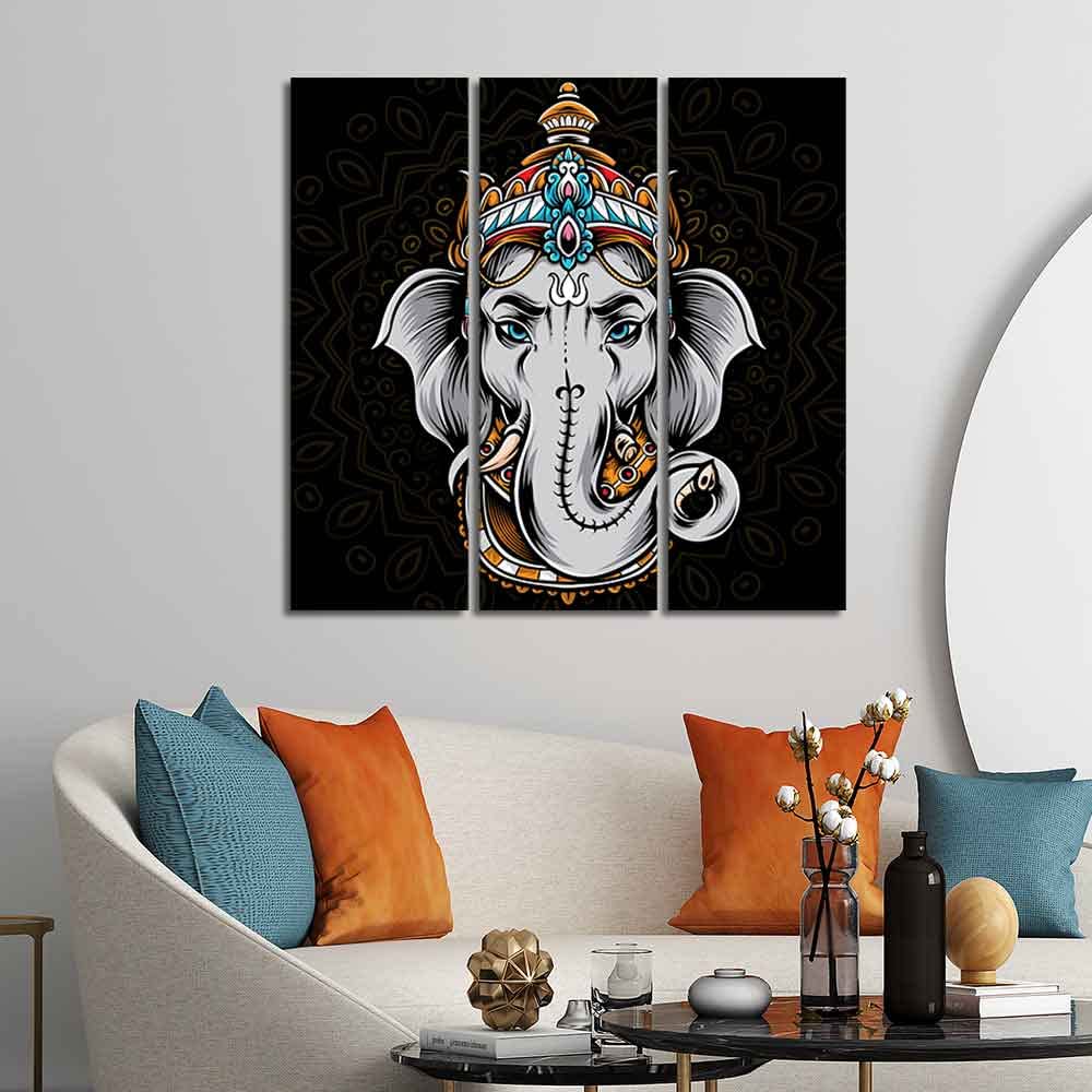 VIBECRAFTS 3 Pieces Beautiful Ganesha Head Canvas Wall Painting Fitted With Wooden Frame For Home | Office | Living Room | Gifts (PTVC3Pcs1_9581)