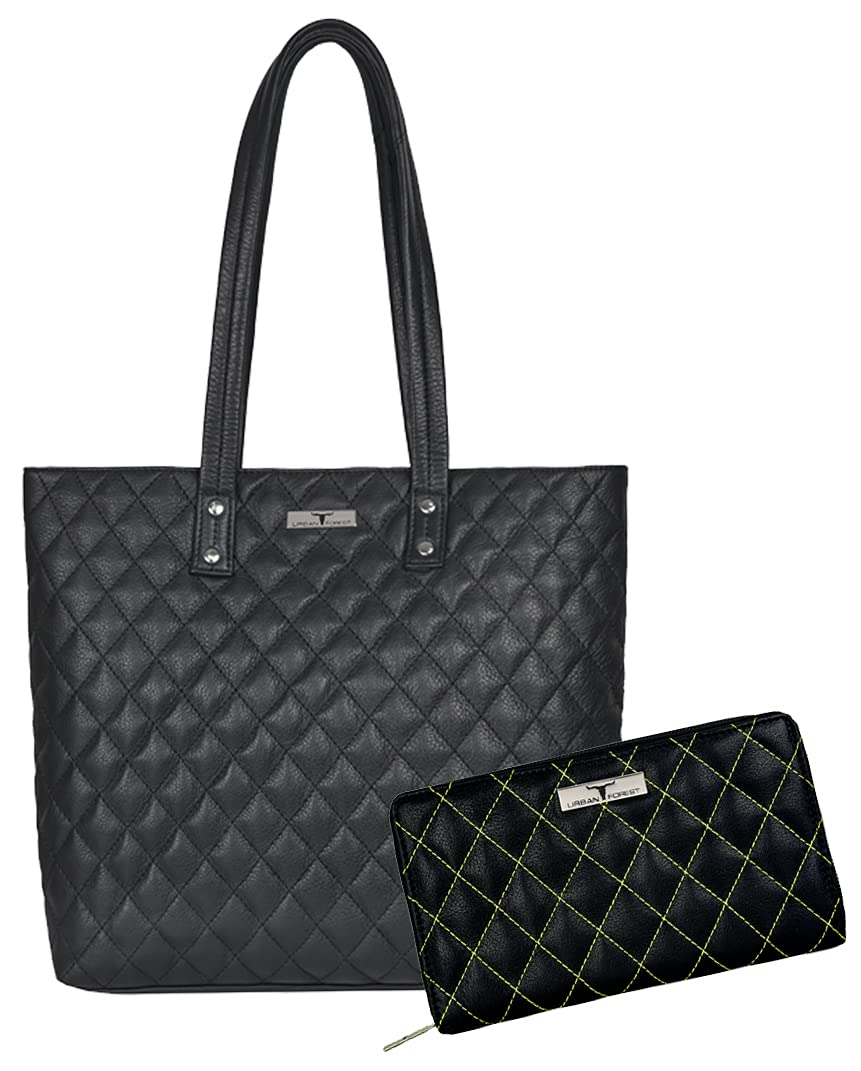URBAN FOREST Nancy Black Quilted Leather Handbag & Black/Yellow Quilted Leather Wallet Combo Gift Set for Women