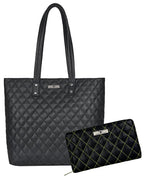 URBAN FOREST Nancy Black Quilted Leather Handbag & Black/Yellow Quilted Leather Wallet Combo Gift Set for Women