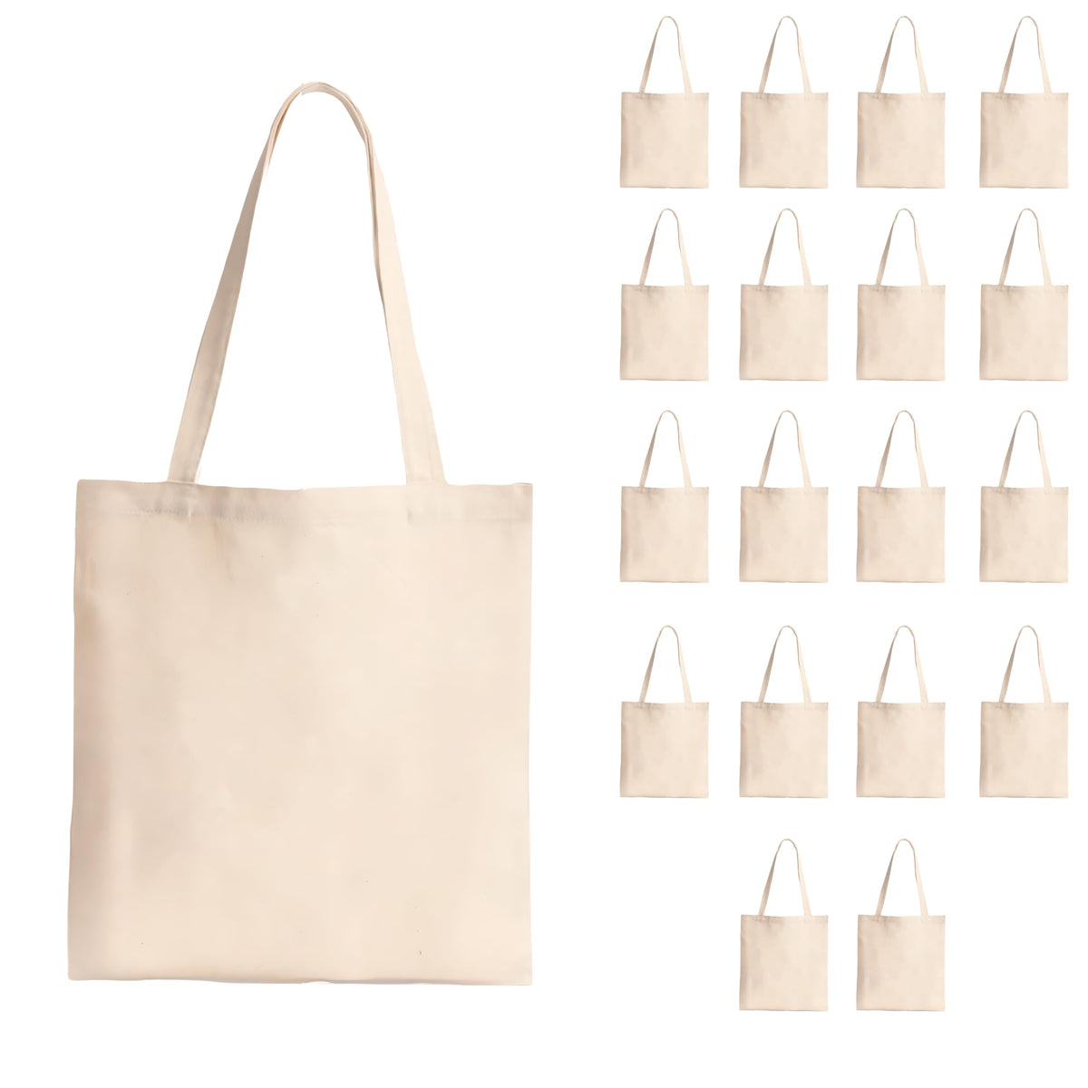 BOHEMEO Large Cotton Canvas Tote Bag for Women, Shopping Bag For Grocery,Vegetable Bags For Market, Office Bag For Women, Bag For Women College, Suitable for DIY Project, Cream, Pack of 18.