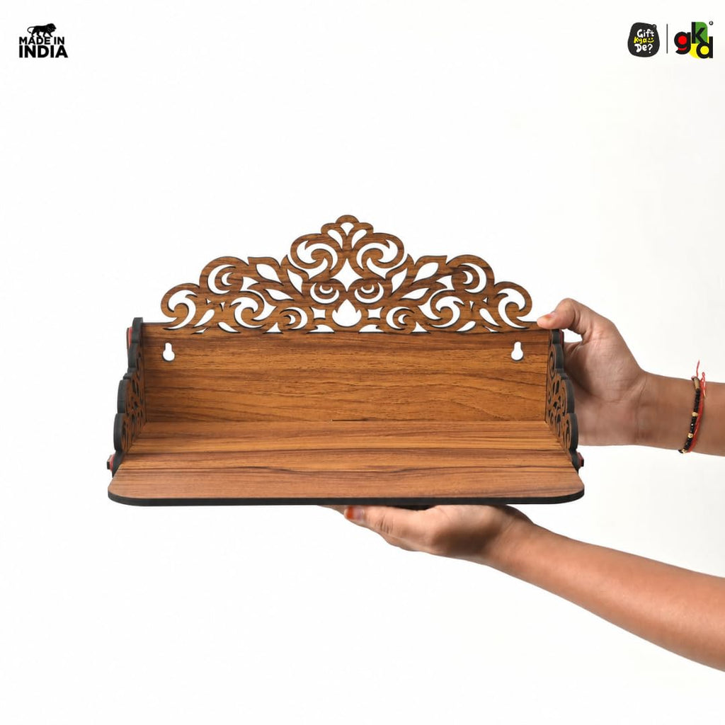 Gift Kya De GKD Wooden Pooja Mandir for Home Wall | Small Temple for Office & Room | Indian Wooden Temple for Table or Shelf | Compact DIY Mandir | 12x9x6 Inch | Classic Design (Classic Walnut)