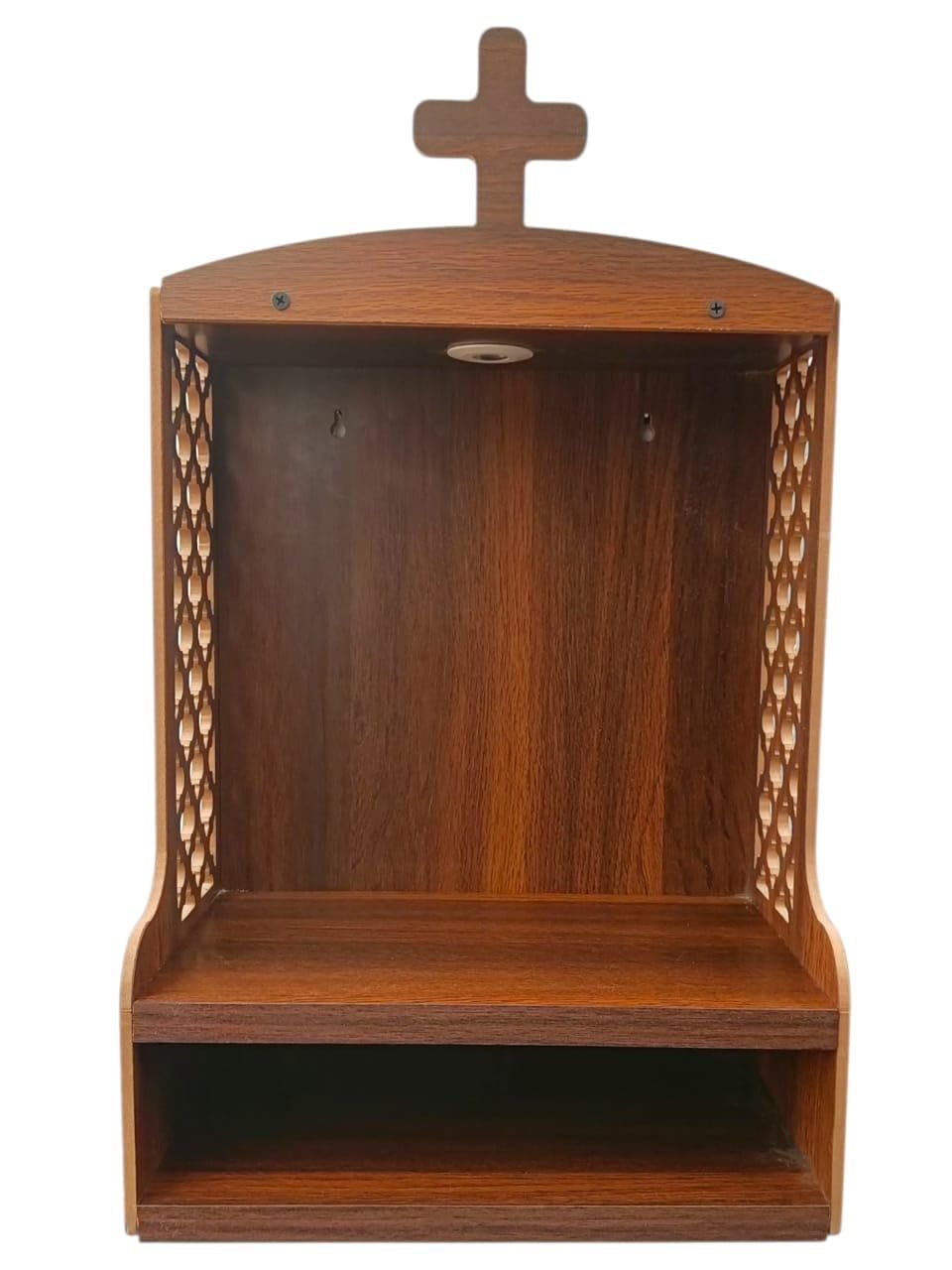 Wooden Wall Mounted Home Temple with 2W LED Light, Warm White, Prayer Shrine with Cross, Decorative Lattice Design, Storage Shelf, Brown Finish