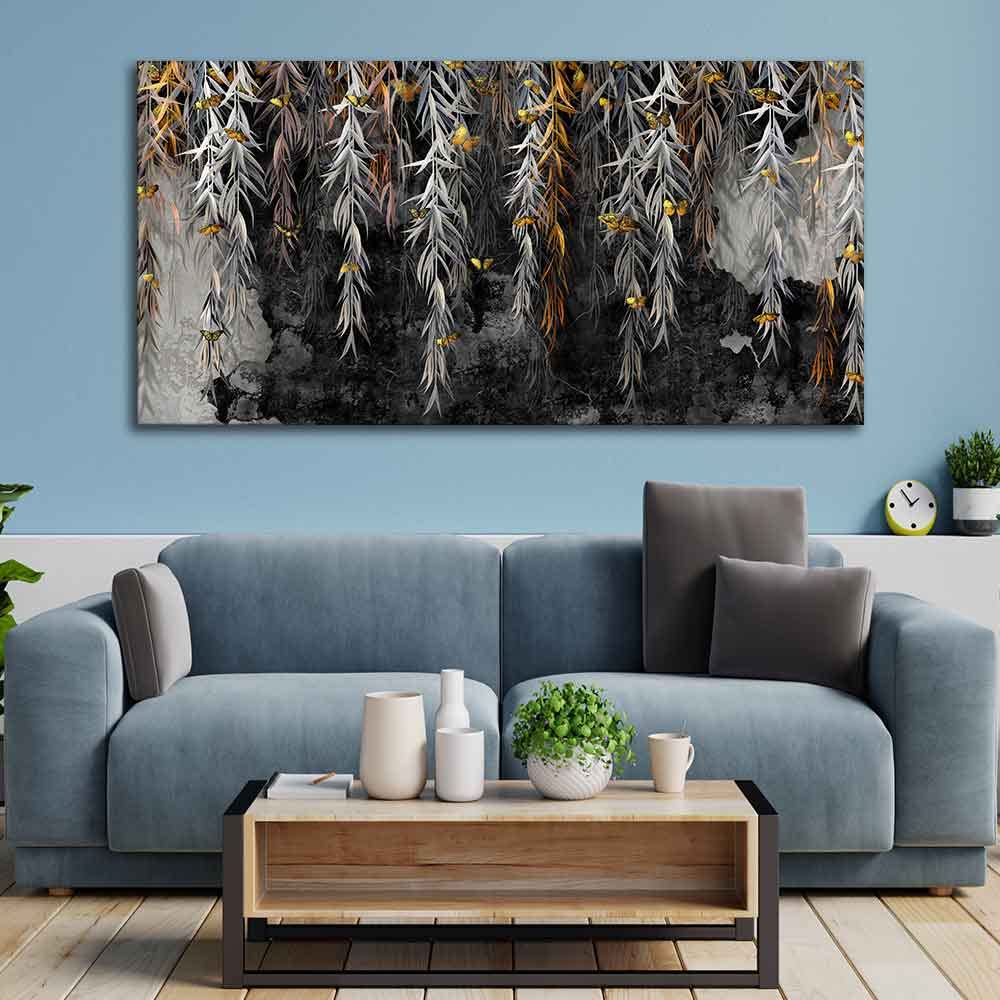 VIBECRAFTS Canvas Paintings for Living Room Drawing Room Willow Branches With Gold Butterflies Canvas Wall Painting Fitted With Wooden Frame For Home | Office | Living Room | Gifts (PTVCH_2505)