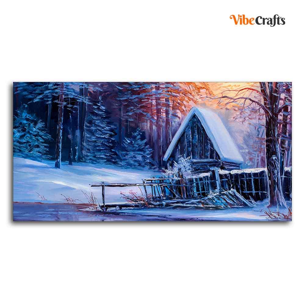 VIBECRAFTS Canvas Paintings for Living Room Drawing Room Beautiful Wall Painting of Old Hut in the Winter Forest Fitted with Wooden Frame for Home|Office|Gift(PTVCH_2288)