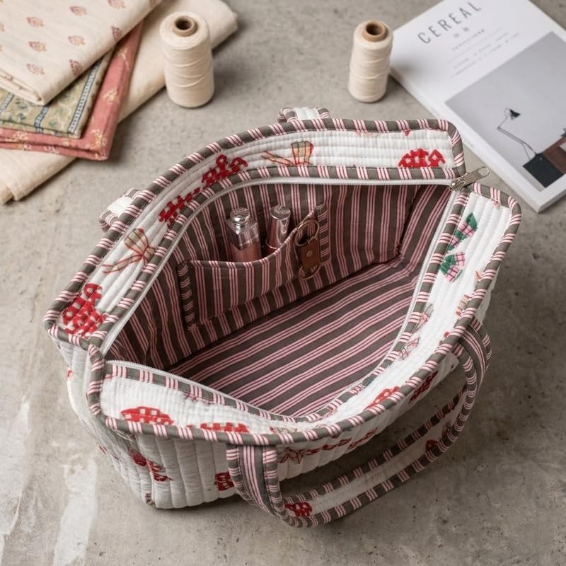 LOOMARTE Quilted Cotton Printed Tote Bag for Women & Girls - White