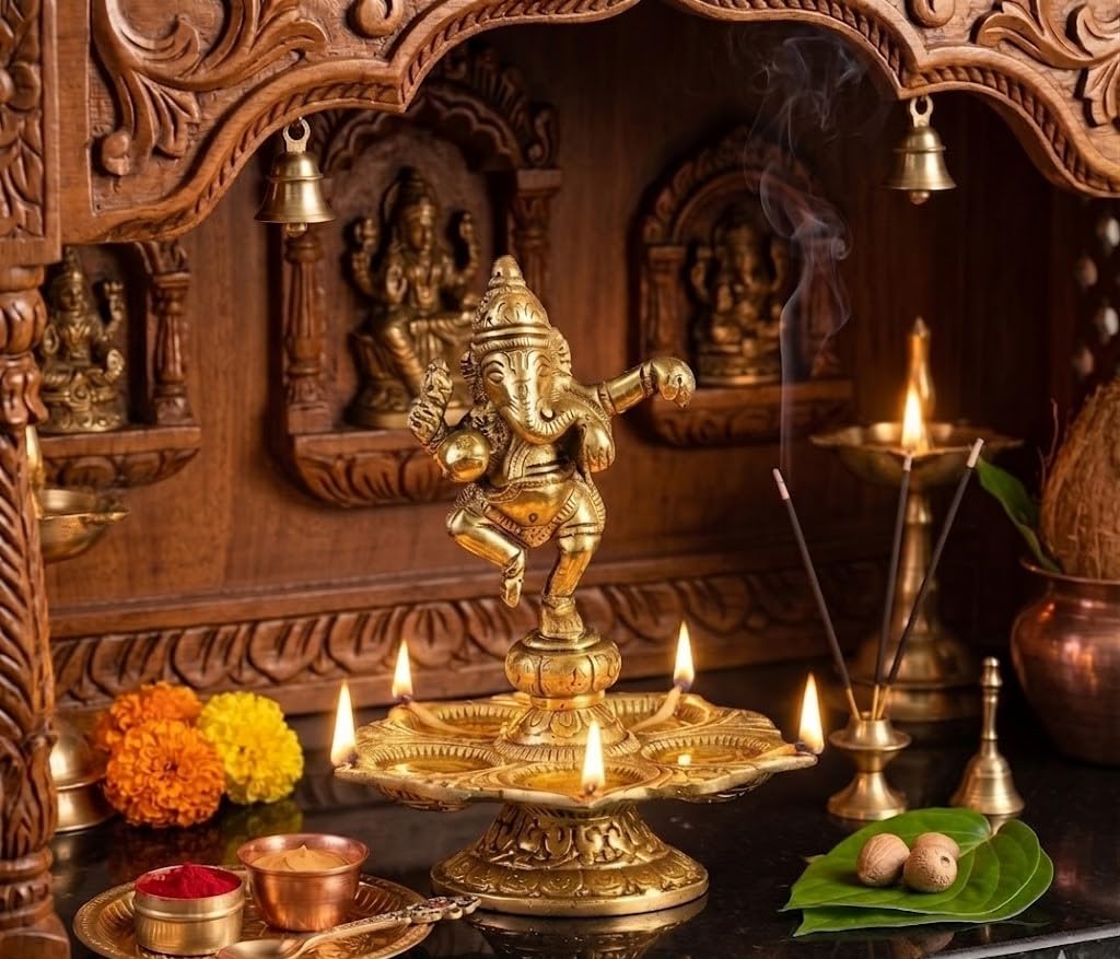 Kridaykraft Metal Panch Mukhi Diya with Dancing Ganesha Idols Gold Plated for Home and Office Pooja Room Decoration 5 batti Diya