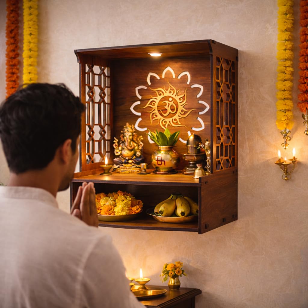 HNA Mangal Beautiful Wooden Pooja Stand for Home, Temple, Office, Wall Mounted Puja Mandir with LED Spot Light, Size (H- 15.5, L- 11.5, W-11 Inch)