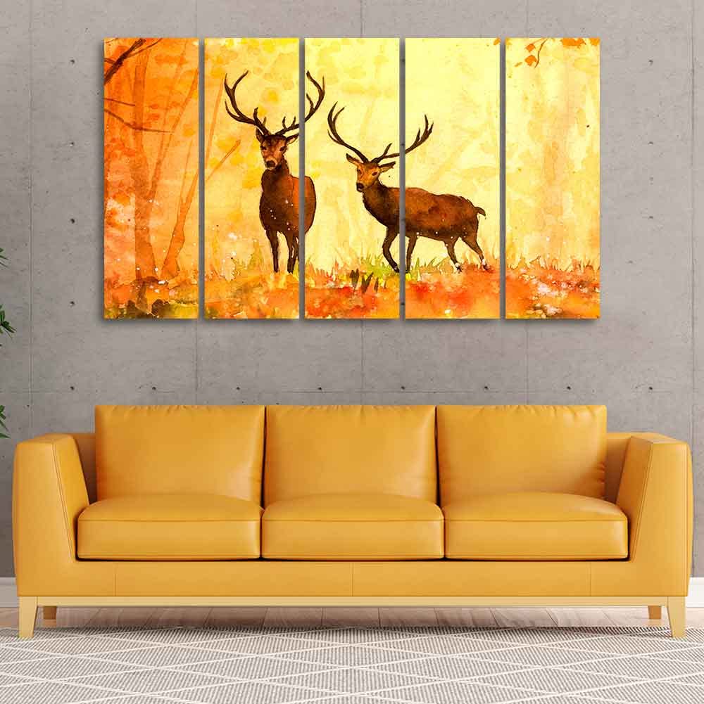 VIBECRAFTS Beautiful Forest Deer Canvas Wall Painting of Five Pieces For Home|Office|Living Room|Gift (PTVC5Pcs4_8592)