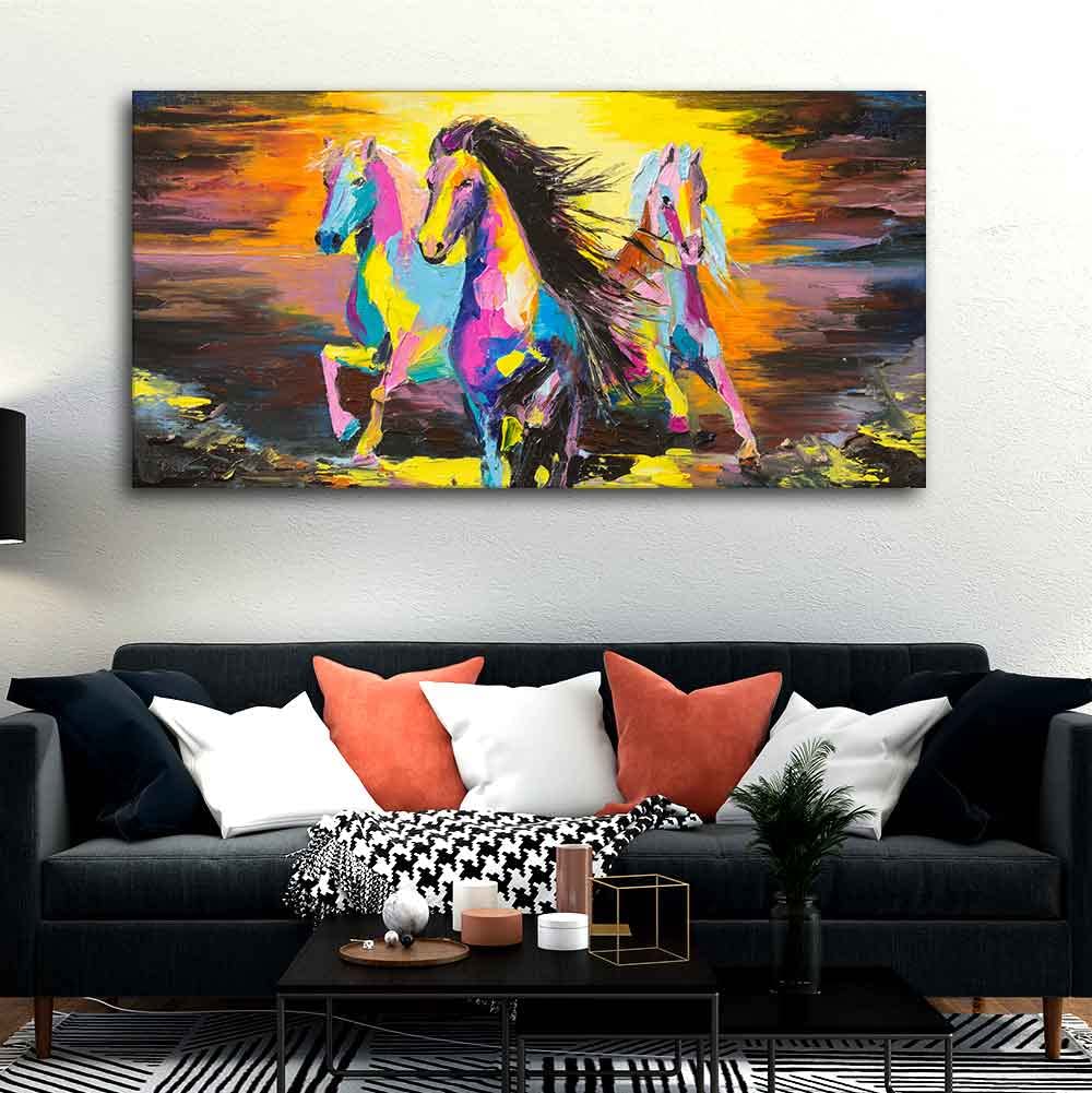 VIBECRAFTS Premium Running Horses Canvas Wall Painting Abstract Art With Frame for Living Room Drawing Room Home|Office|Gift (PTVCH_2202N)