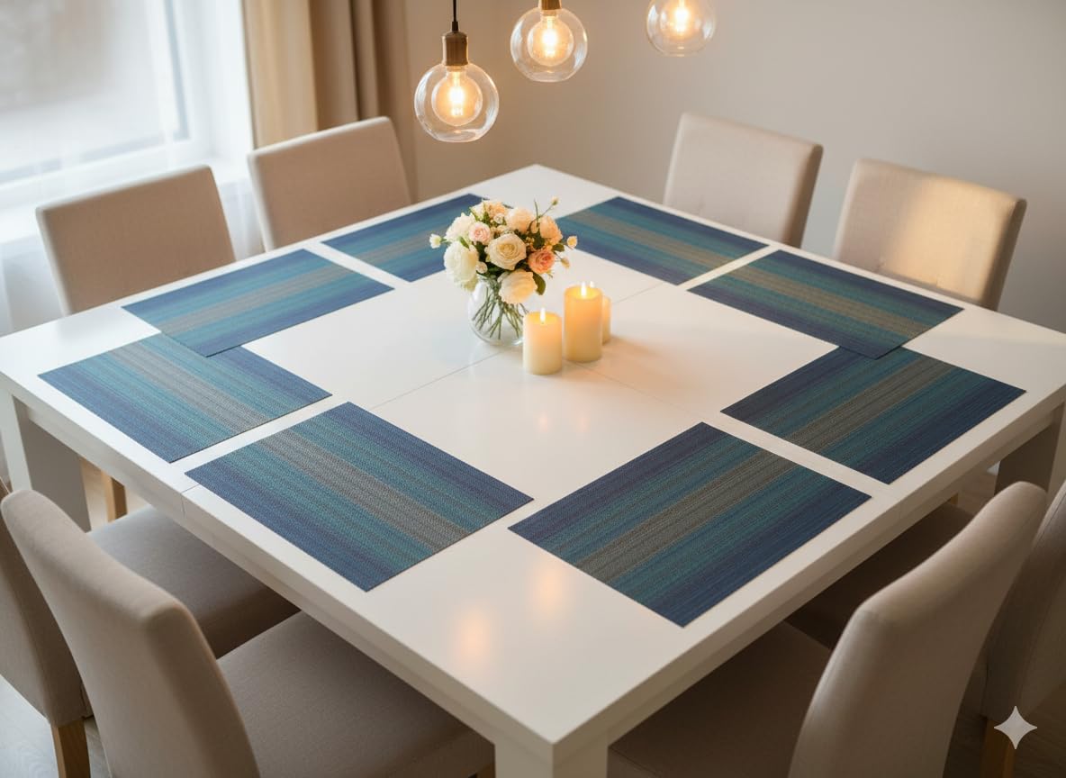 YELONA Placemats Set of 8, Heat-Resistant Woven Vinyl Table Mats, Non-Slip & Washable Dining Tablemats for Kitchen & Dinner Decor, Blue (45cm x 30cm) Kafalo