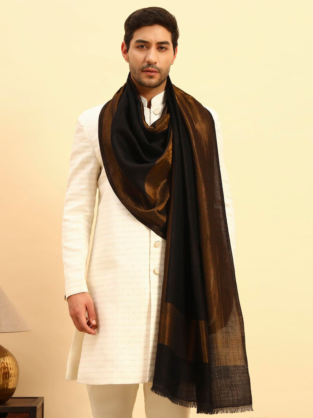 Pashmoda Men Midnight Bronze Reversible Zari Moonlight Fine Wool Stole (Size-28x80in, 71x203cm) MZSST04