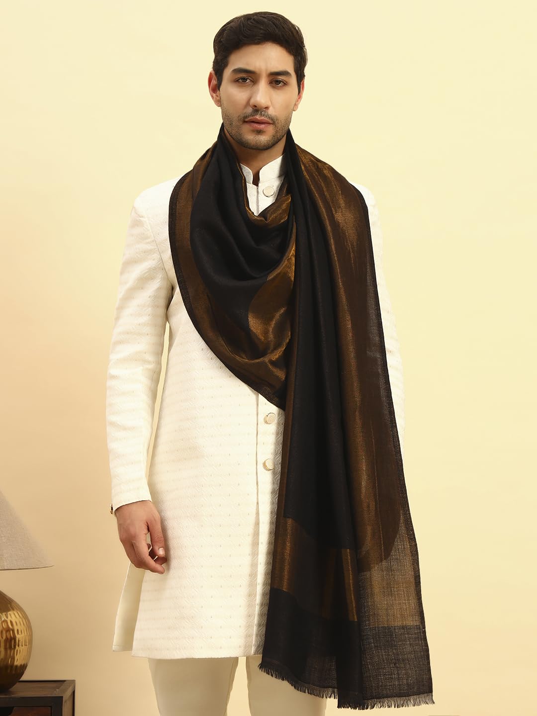 Pashmoda Men Midnight Bronze Reversible Zari Moonlight Fine Wool Stole (Size-28x80in, 71x203cm) MZSST04