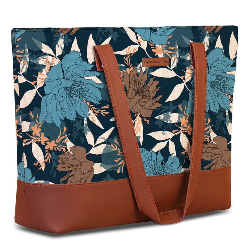 The Purple Tree Women Handcrafted Tote with Vegan Leather Handles - Midnight Flower Shoulder Bag for Office & College, Oversized Contemporary