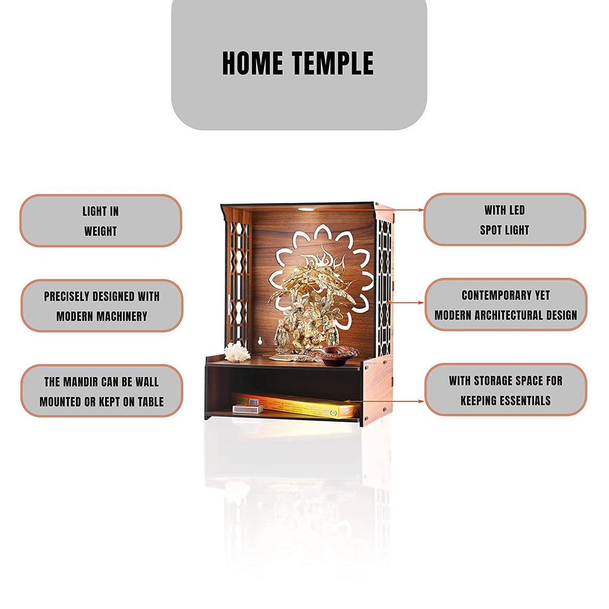 BOQP Wooden Pooja Stand for Home Mandir for Home Temple for Home and Office Puja Mandir for Home and Office Wall with LED Spot Light Product (H- 15.5, L- 11.5, W-11 Inch)