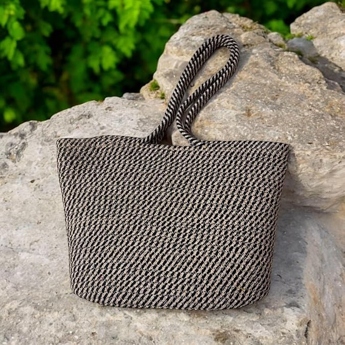 BEAUTIFUL HOMMIES Attractive Hand Bag |large Tote Bag |Summer Bag | Bucket Bag | Basket Bag | Bamboo Tote | Beach Bags for Women|Boho Bag|Handbag |Jute Bag |Handmade Bag (BLACK BEIGE)