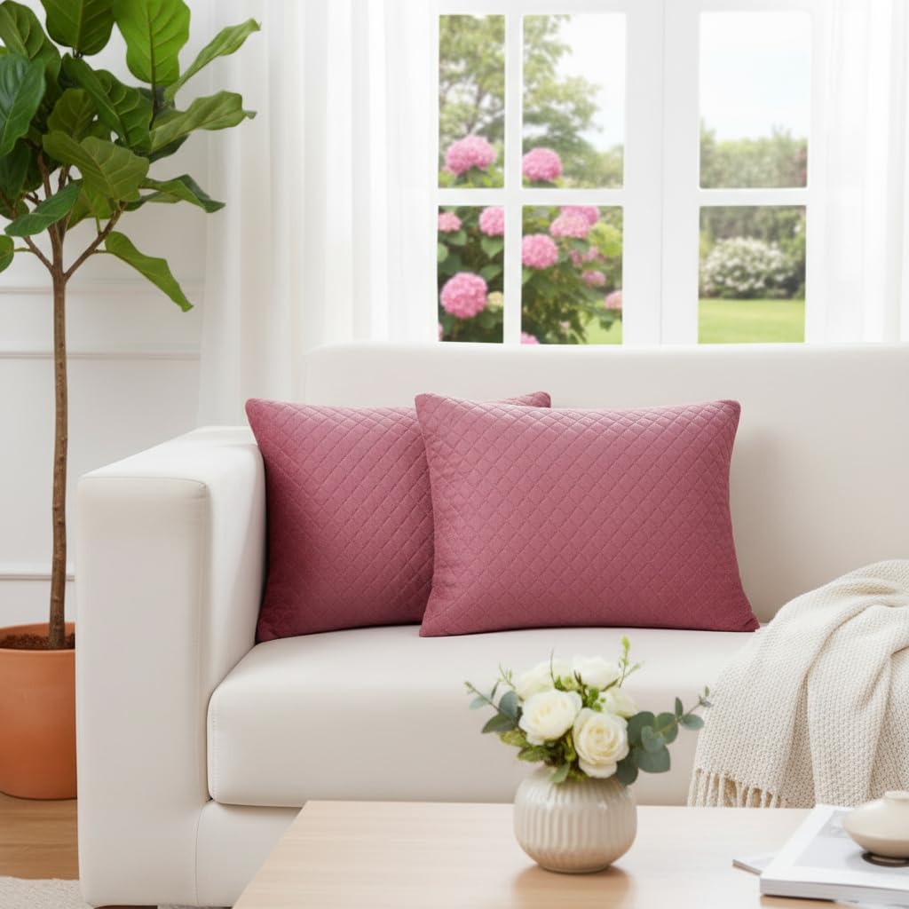 STITCHNEST Quilted Velvet Cushion Covers Set of 2 | Soft Peach | 12x18 Inches | Premium Sofa & Living Room Décor