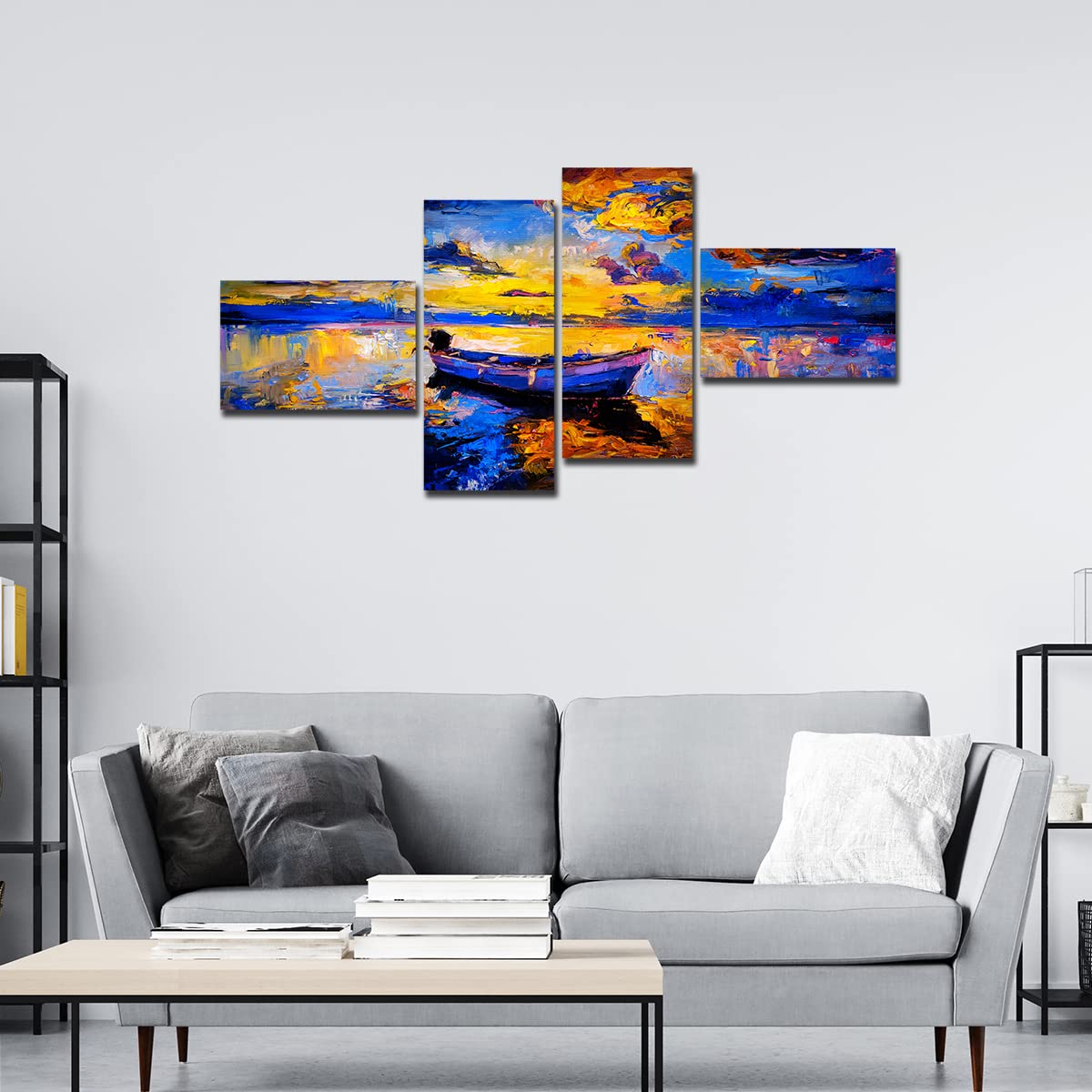 VIBECRAFTS Sunset And Boat On the Water 4 Pieces Canvas Wall Painting Fitted With Wooden Frame For Home | Office | Living Room | Gifts (PTVC4Pcs3_15503)
