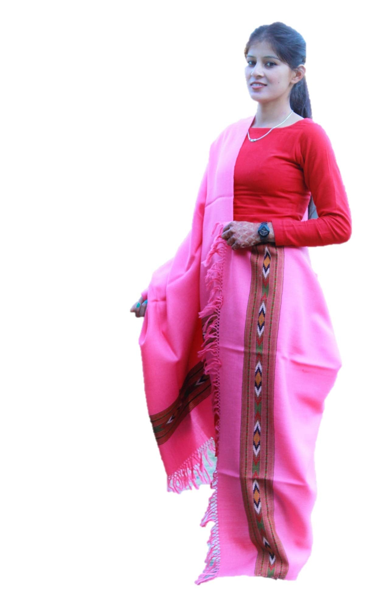 HImalayanKraft Hand Woven Kullu Handloom Pure Woolen Shawl Pink Colored with Beautiful Kullu Weaving Designed for Women and Girls.
