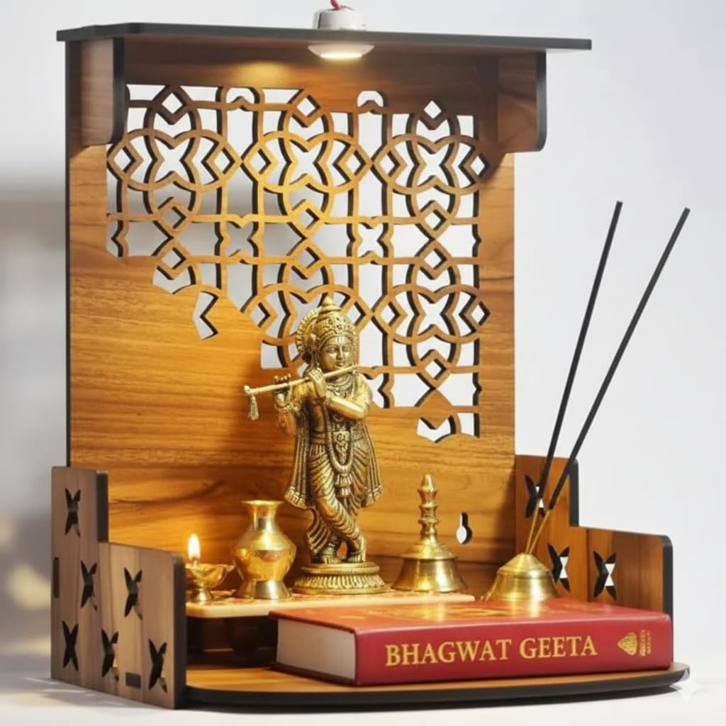 Royal Walnut Finish Wooden Pooja Mandir | Wall Mounted Home Temple with LED Lights & Spacious Storage | Premium Handcrafted Puja Unit (37.5 * 29 * 25 CM) (Large) A1