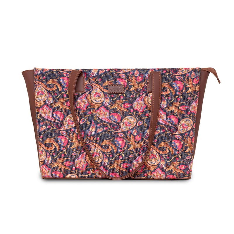 ZOUK Paisley Printed Jute Handcrafted Vegan Leather Women's Pink Structured Tote Bag