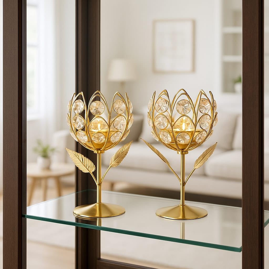 CentraLit Gold Crystal Tea Light Holder Set of 2 Tea Light Stand Shape Rose Votive Lotus Candle Holder for Home Decoration Diwali Diya Puja Gifts (Set of 2)